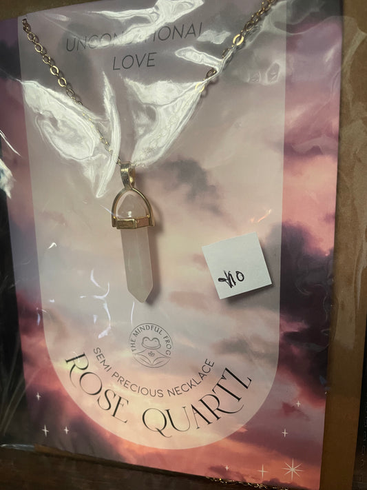 Rose quarts pendant, necklace and card.